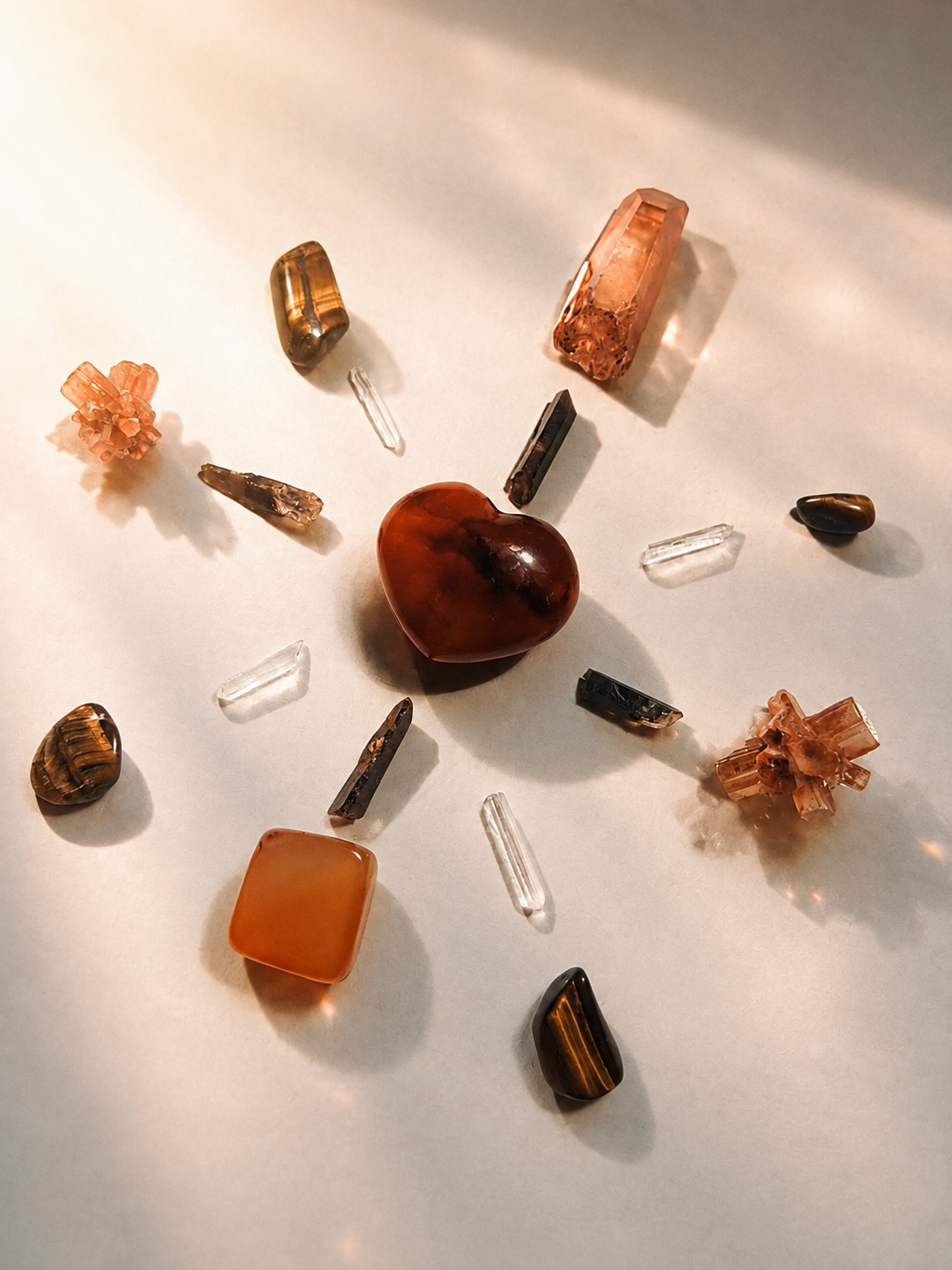 A warm arrangement of crystals centered around a heart stone