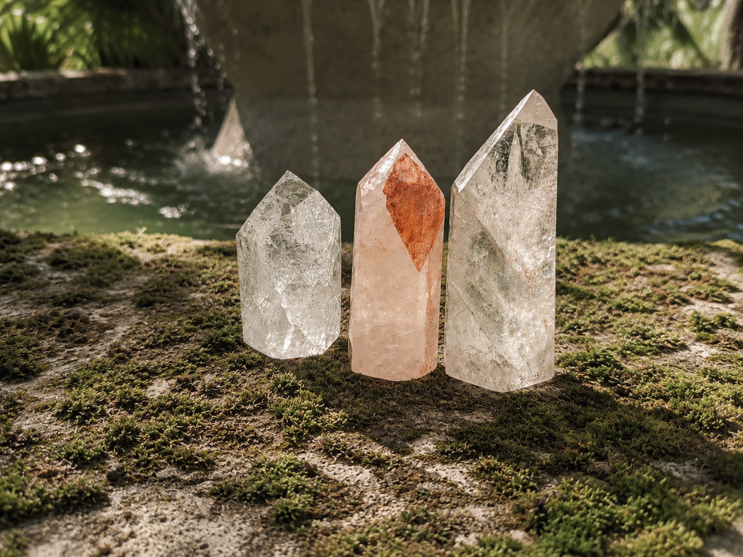 Three crystal towers beside water