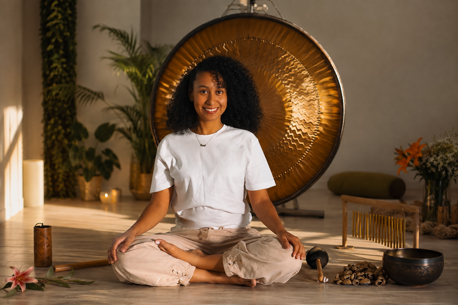 Zen seated in front of a ceremonial gong