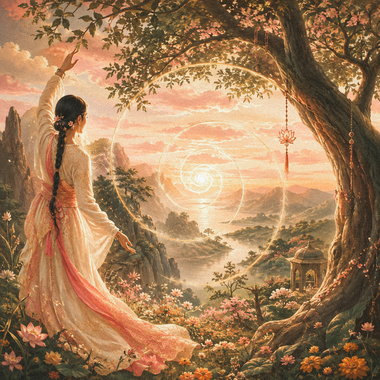 A luminous garden landscape with a golden spiral