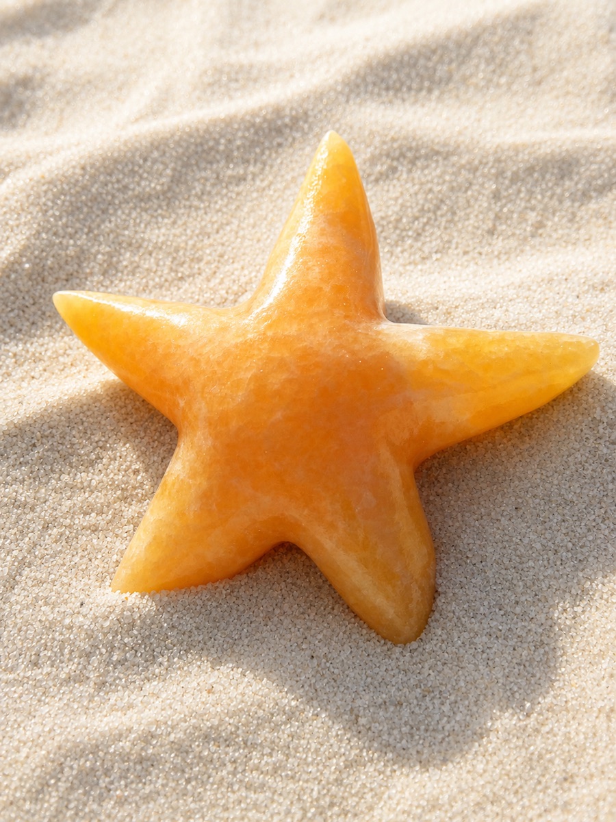 A golden starfish-shaped crystal resting in sunlit sand